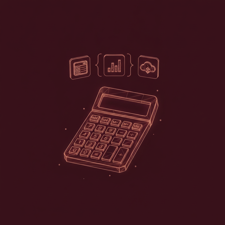 a stylized low-poly wireframe calculator silhouette with a small three-column comparison-bracket above it and three mini
