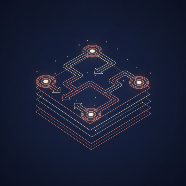 a stylized low-poly wireframe flowchart with connected nodes and arrow paths representing automated workflow steps