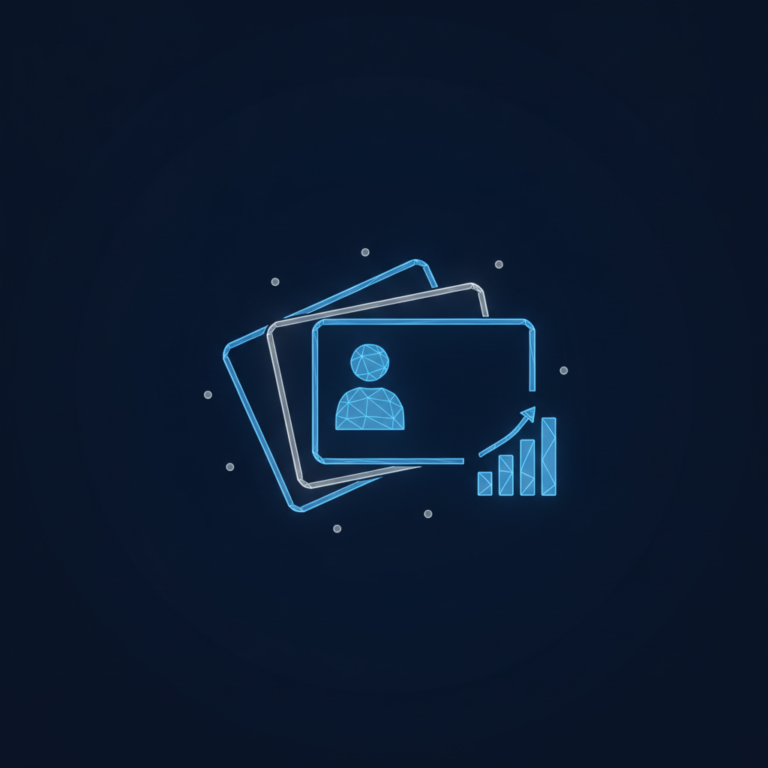 a stylized low-poly wireframe rolodex card-fan silhouette with three overlapping contact cards and a small upward bar-ch