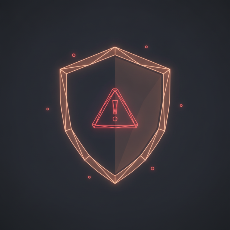 a stylized low-poly wireframe shield silhouette with a small warning-triangle icon at its centre and three orbiting tiny