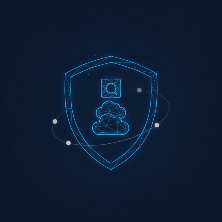 a stylized low-poly wireframe shield silhouette with a small cloud-app stack inside it and three orbiting lock-dot shape