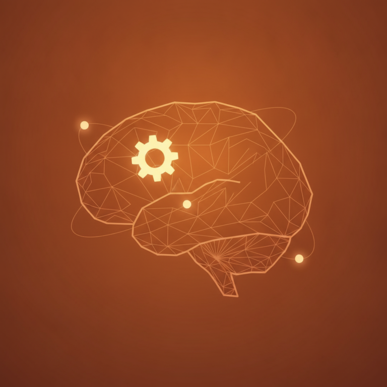 a stylized low-poly wireframe brain silhouette with a small gear icon at the frontal lobe and three orbiting circuit-nod
