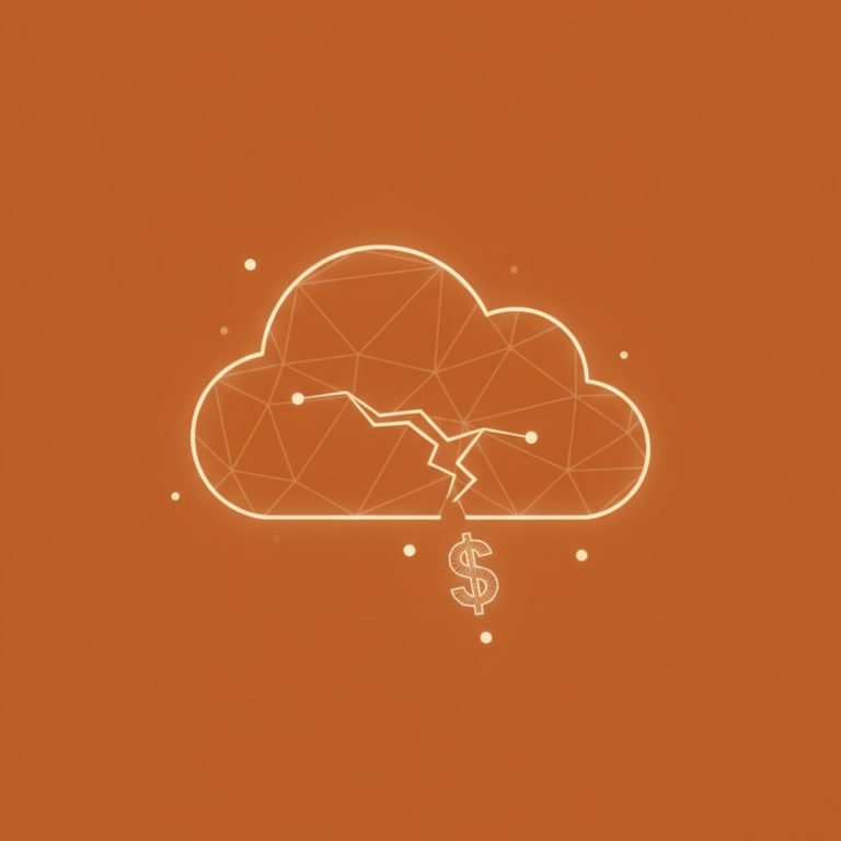 a stylized low-poly wireframe cloud-stack silhouette with a single fracture-line running through it and a small dollar-s