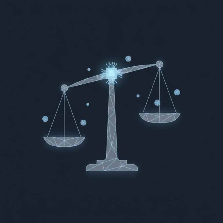 a stylized low-poly wireframe balance-scales silhouette with a small circuit-board node at the fulcrum and a few orbitin
