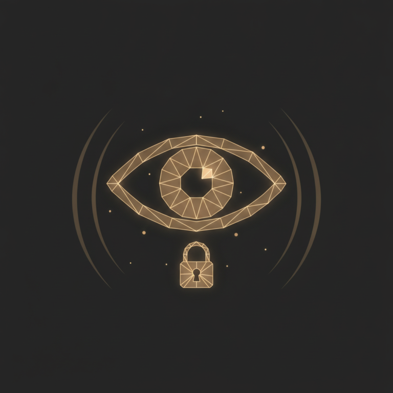 a stylized low-poly wireframe eye-silhouette with a small lock icon beneath it and three soft shadow-arc lines radiating
