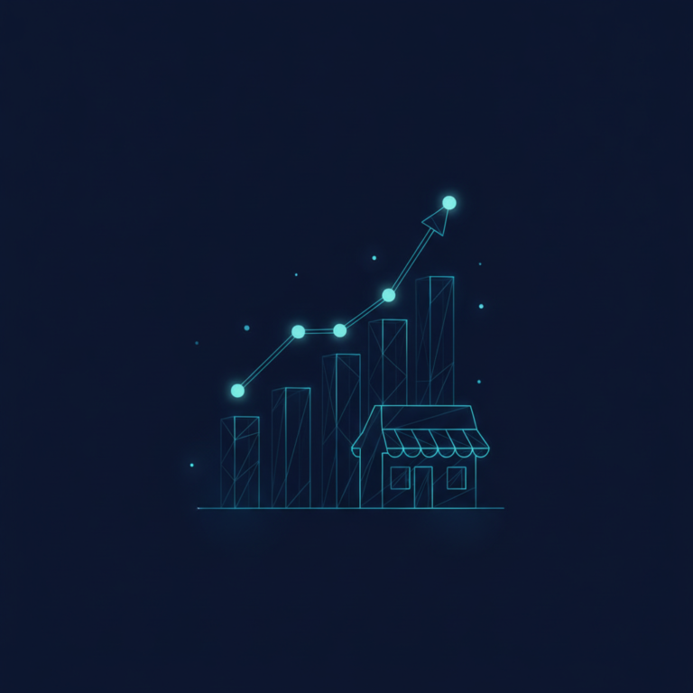 a stylized low-poly wireframe ascending bar chart with a small business storefront silhouette overlaid at the base and u
