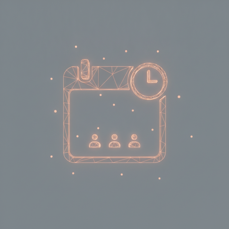 a stylized low-poly wireframe calendar-square silhouette with a small clock-face icon overlapping one corner and three s