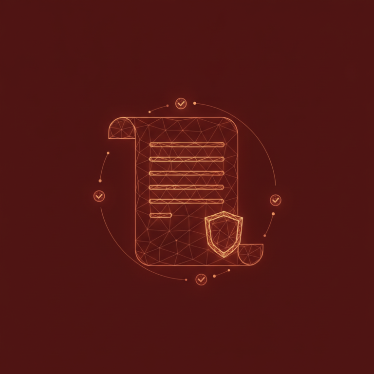 a stylized low-poly wireframe document-scroll silhouette with a small shield-badge icon overlapping its lower face and t