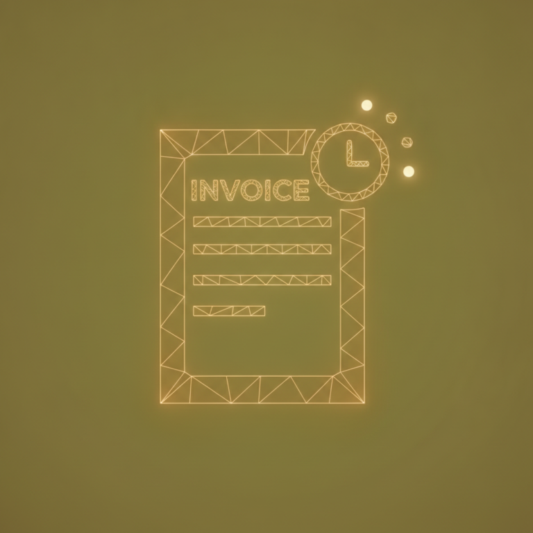 a stylized low-poly wireframe invoice-document silhouette with a small clock-face icon overlapping its upper-right corne
