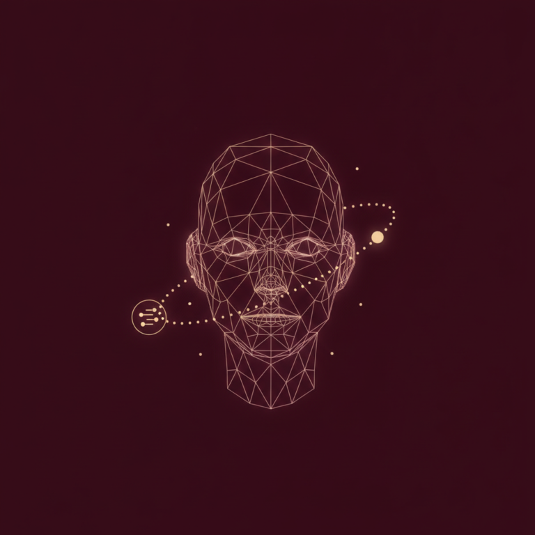 a stylized low-poly wireframe robot-head silhouette with a small data-stream icon