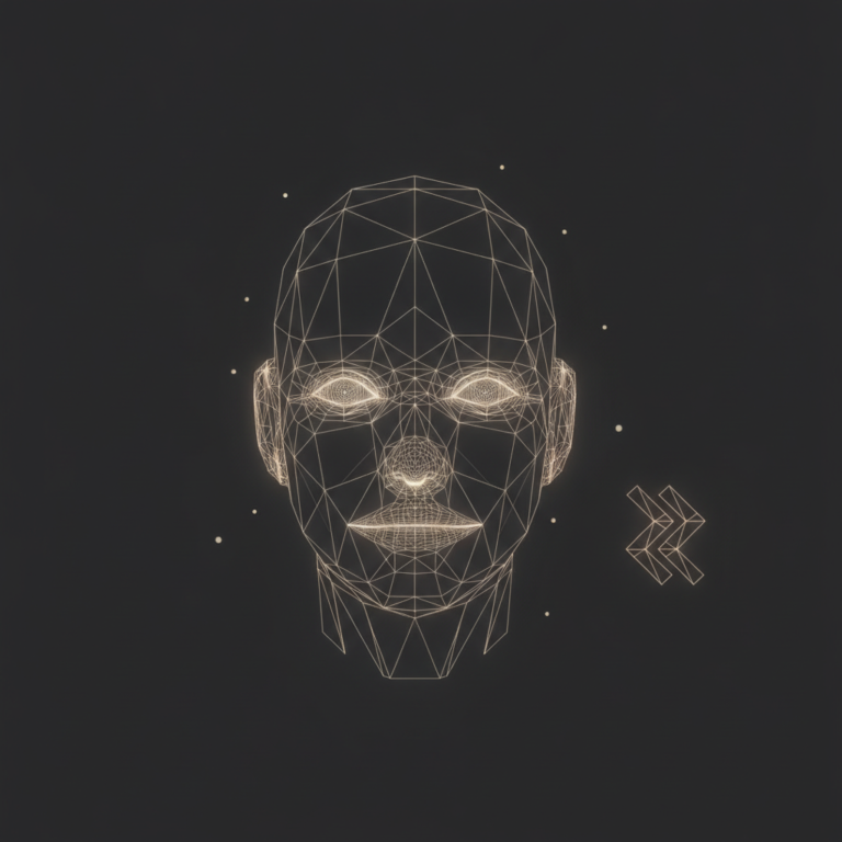 a stylized low-poly wireframe robot-head silhouette with a small data-stream icon