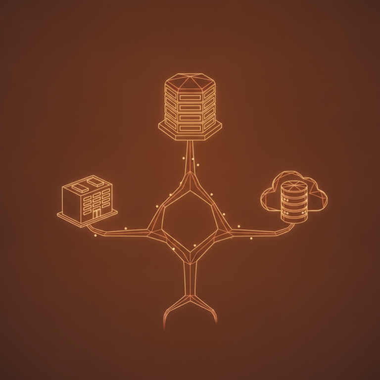 a stylized low-poly wireframe branching decision-tree silhouette with a single root node splitting into three distinct e