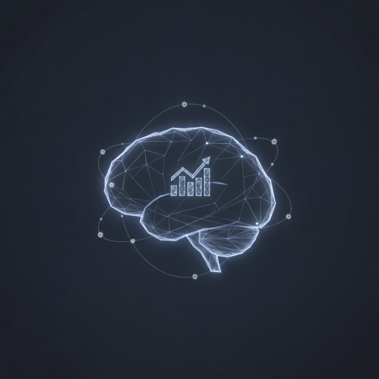 a stylized low-poly wireframe brain outline silhouette with a small ascending-then-descending bar-graph icon centred at