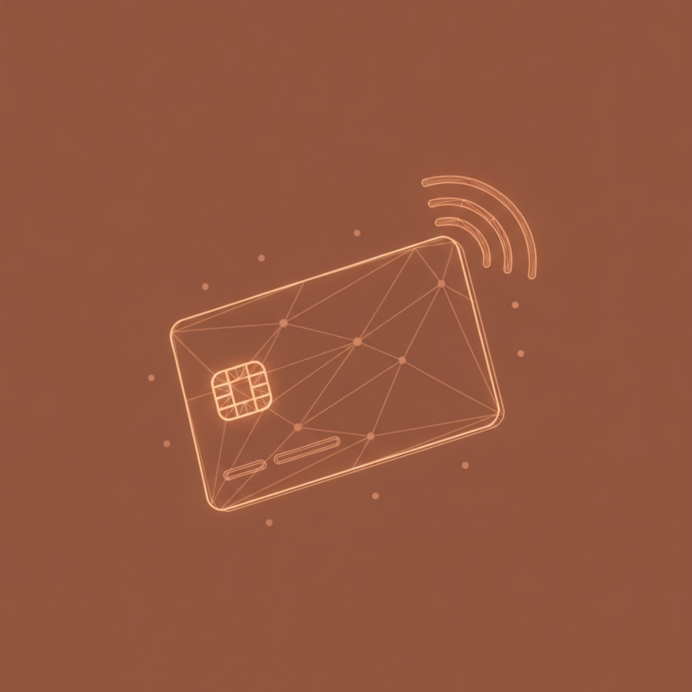 a stylized low-poly wireframe credit-card silhouette shown in a slight three-quarter profile angle with an EMV chip rect