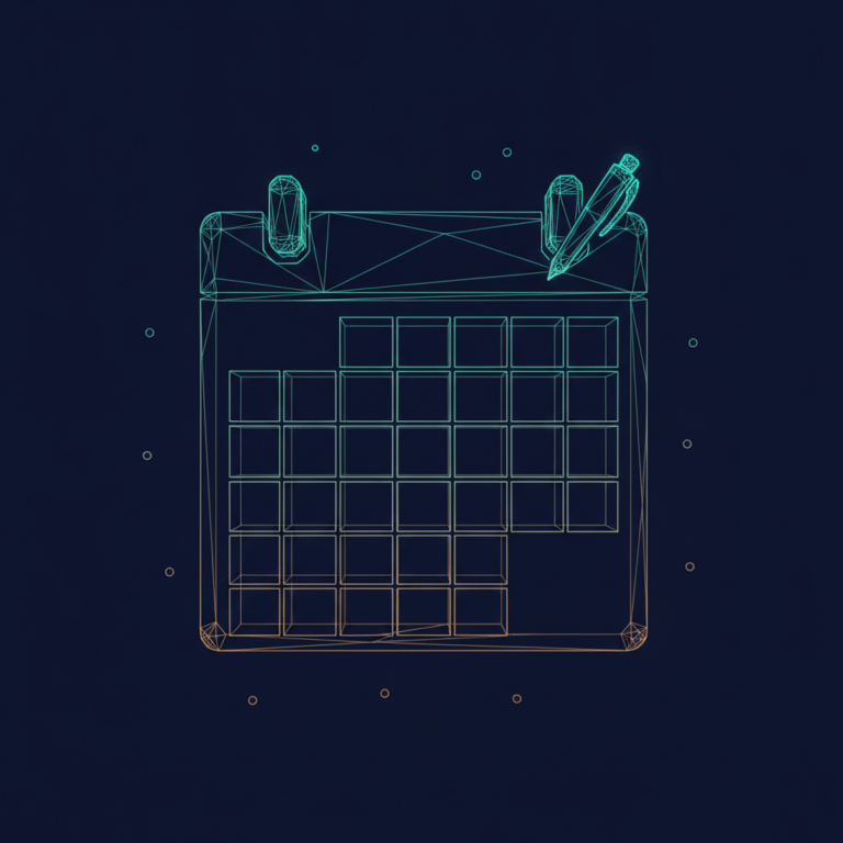a stylized low-poly wireframe editorial calendar grid with a pen icon in the corner