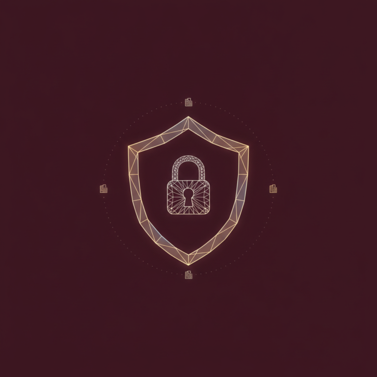 a stylized low-poly wireframe shield silhouette with a small padlock inset centred on its face and four orbiting tiny bu