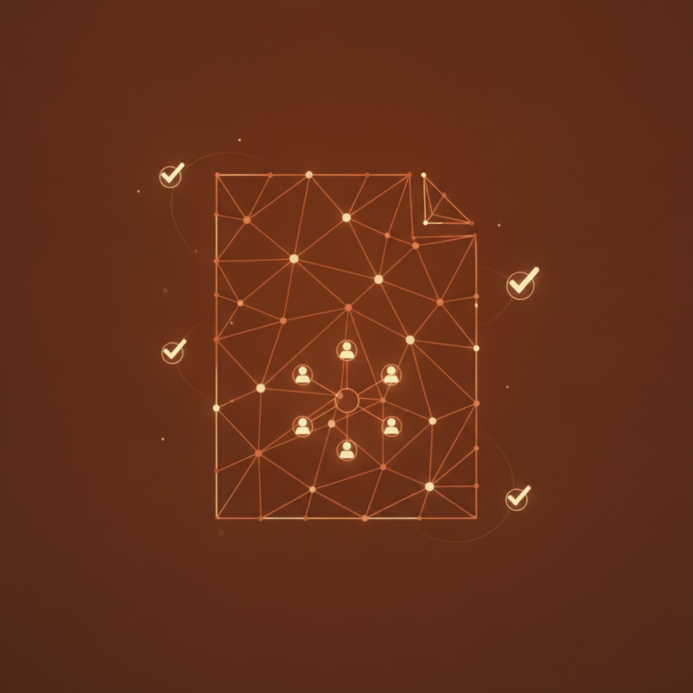 a stylized low-poly wireframe document silhouette with a small distributed-team node cluster overlay — five tiny person-
