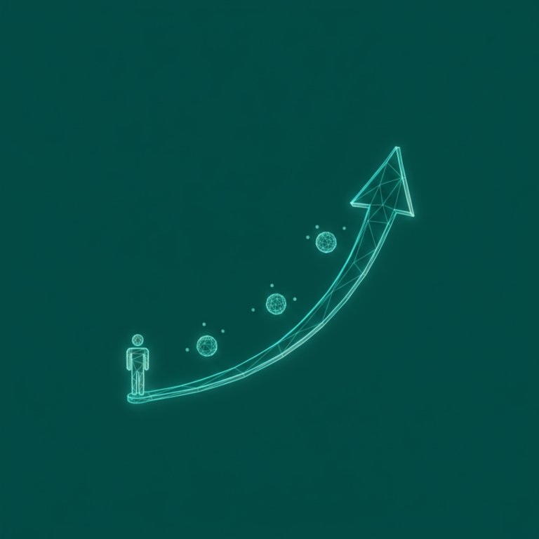 a stylized low-poly wireframe rising line-chart silhouette with a smooth upward-curving customer-value arc, a small pers
