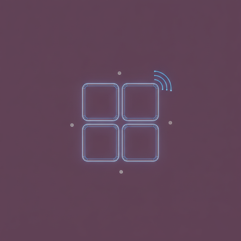 a stylized low-poly wireframe multi-channel social grid silhouette with four platform-shaped tile outlines arranged in a