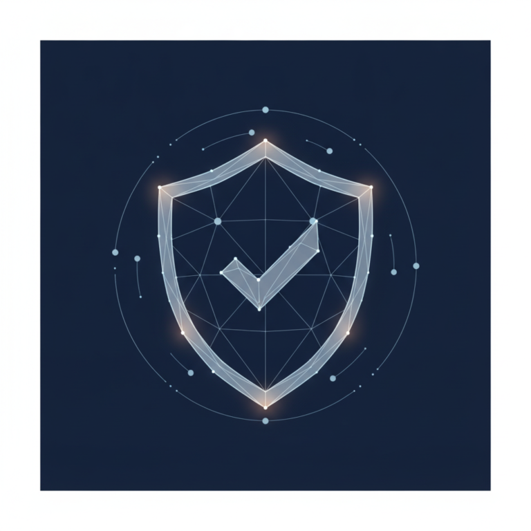 a stylized low-poly wireframe shield silhouette with a small checkmark inside