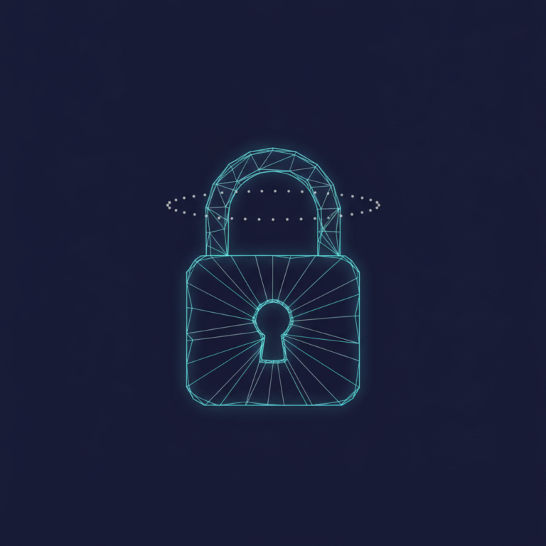 a stylized low-poly wireframe padlock silhouette with a small ring of stars around it