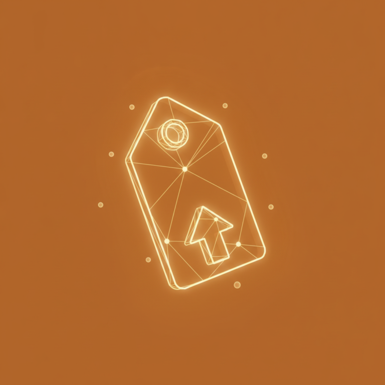 a stylized low-poly wireframe price-tag silhouette with a small upward-pointing arrow