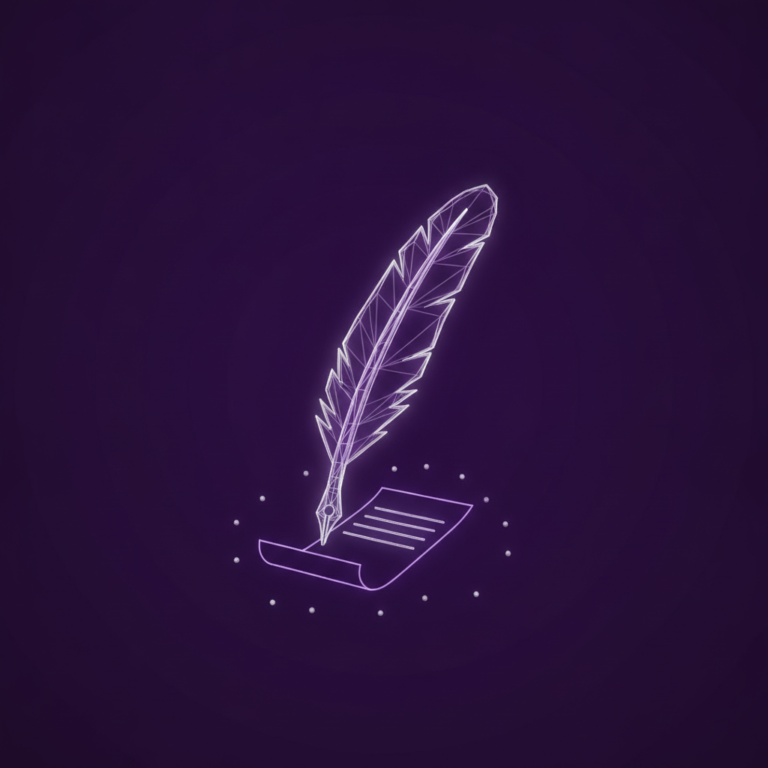 a stylized low-poly wireframe quill pen silhouette with a small document below it