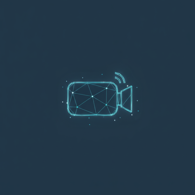 a stylized low-poly wireframe video-camera silhouette with two small signal-wave arcs