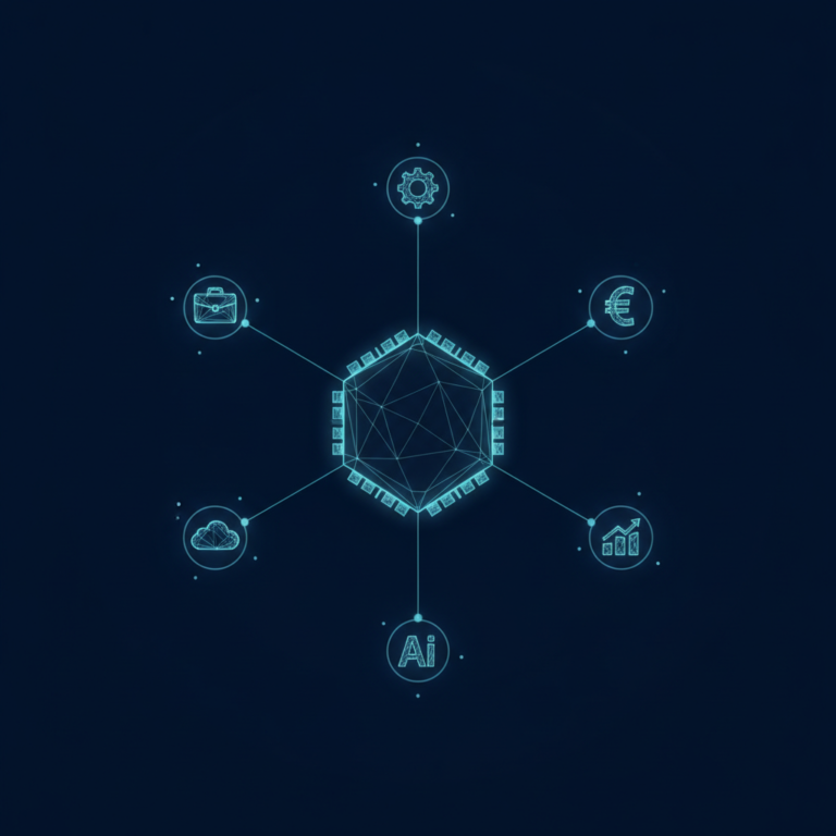 a stylized low-poly wireframe hexagonal processing core with six thin connector lines radiating outward to six small bus
