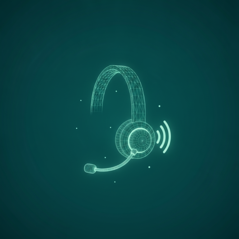 a stylized low-poly wireframe headset silhouette in profile with a slim curved microphone boom and a small radiating cal