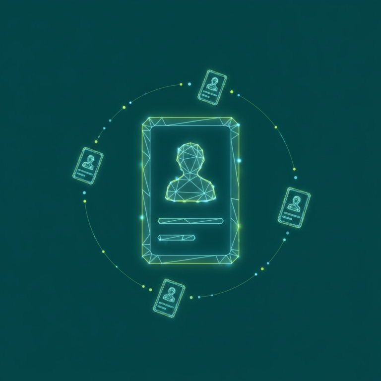 a stylized low-poly wireframe contact-card silhouette with three orbiting smaller cards