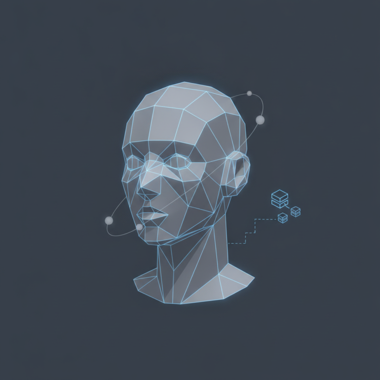a stylized low-poly wireframe robot-head silhouette with a small data-stream icon