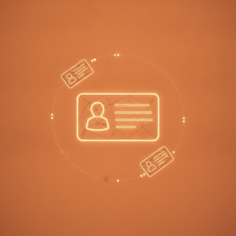 a stylized low-poly wireframe contact-card silhouette with three orbiting smaller cards