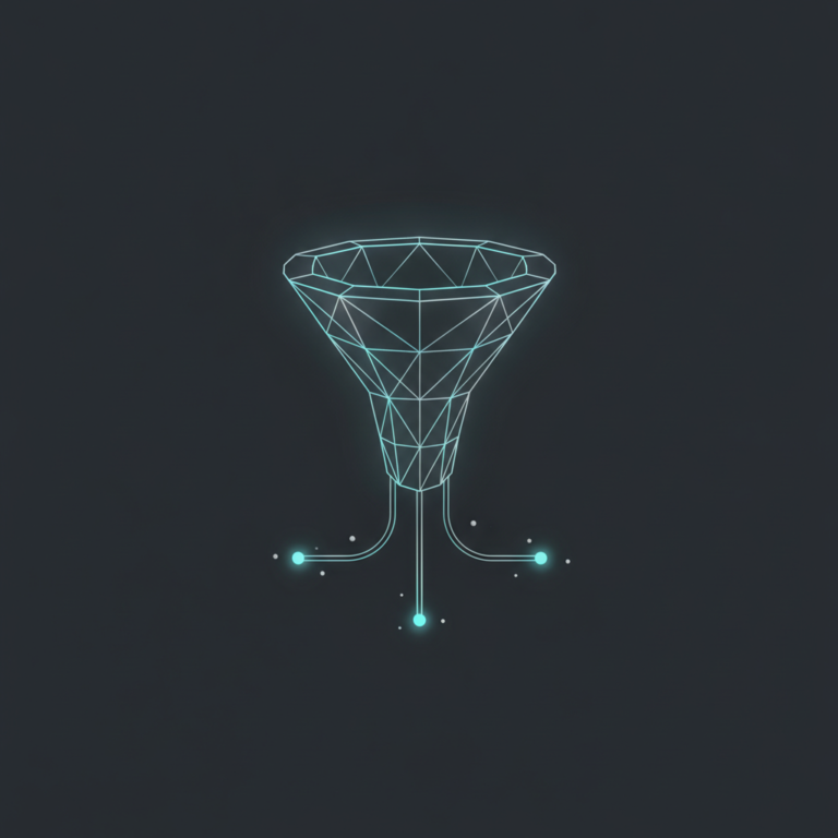 a stylized low-poly wireframe inverted-funnel silhouette splitting at its narrow base into three branching data-path lin