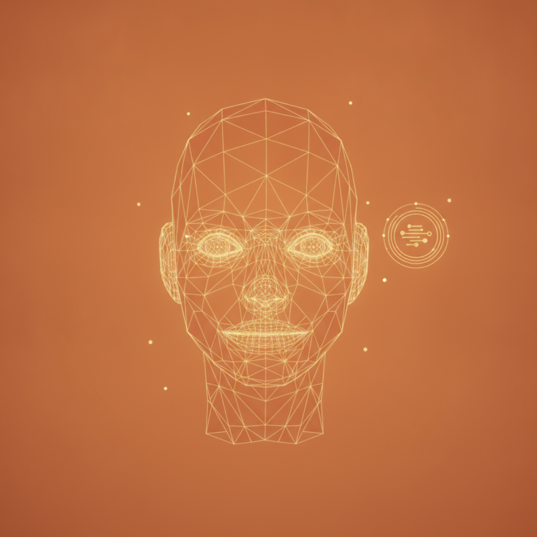 a stylized low-poly wireframe robot-head silhouette with a small data-stream icon
