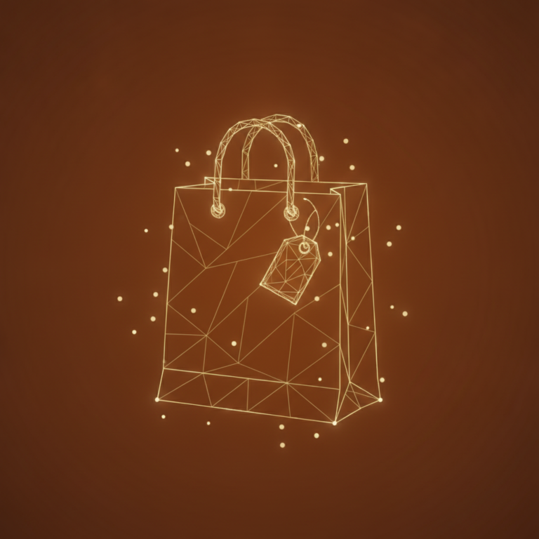 a stylized low-poly wireframe shopping-bag silhouette with a small price-tag icon