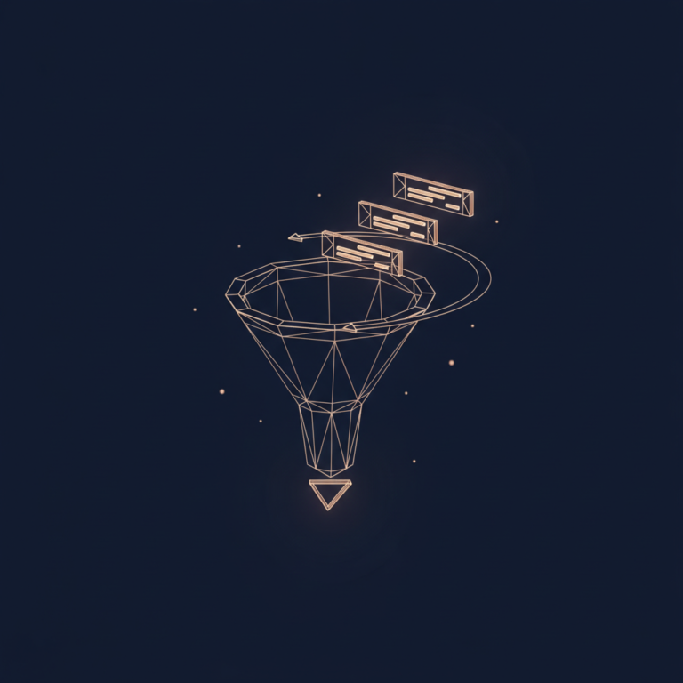 a stylized low-poly wireframe sales-pipeline funnel silhouette with three stacked deal-card rectangles sliding along a c