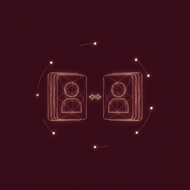 two stylized low-poly wireframe contact-card rolodex silhouettes facing each other with a small double-headed comparison