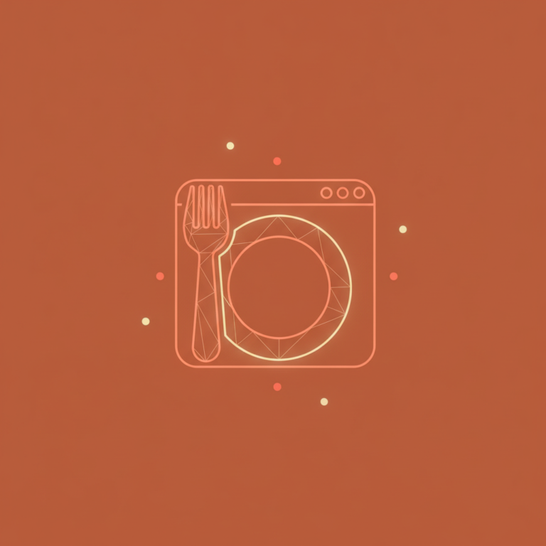 a stylized low-poly wireframe fork-and-plate silhouette merged with a small browser-window frame