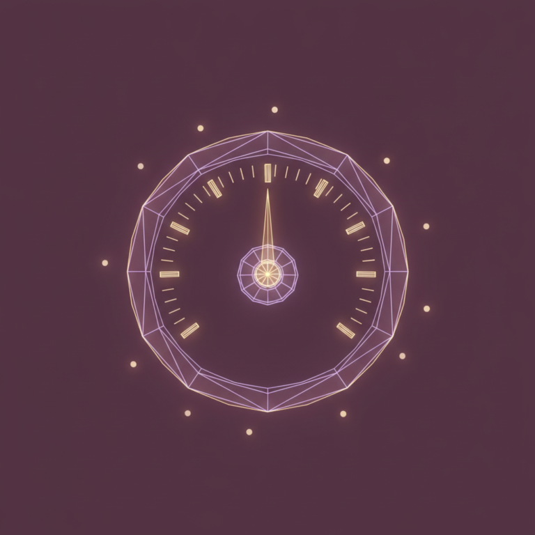 a stylized low-poly wireframe gauge-dial with a small needle pointing upward