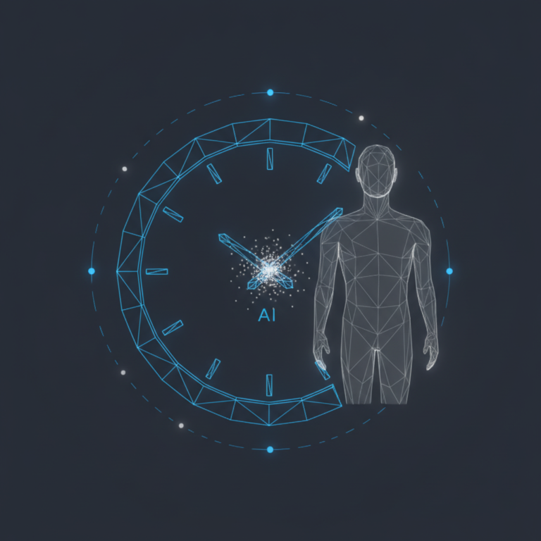 a stylized low-poly wireframe wall-clock silhouette with a small AI-spark accent glowing at its centre and a subtle huma