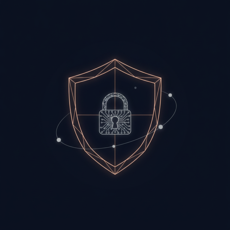 a stylized low-poly wireframe shield silhouette with a small circuit-node lock icon centred on its face and three orbiti