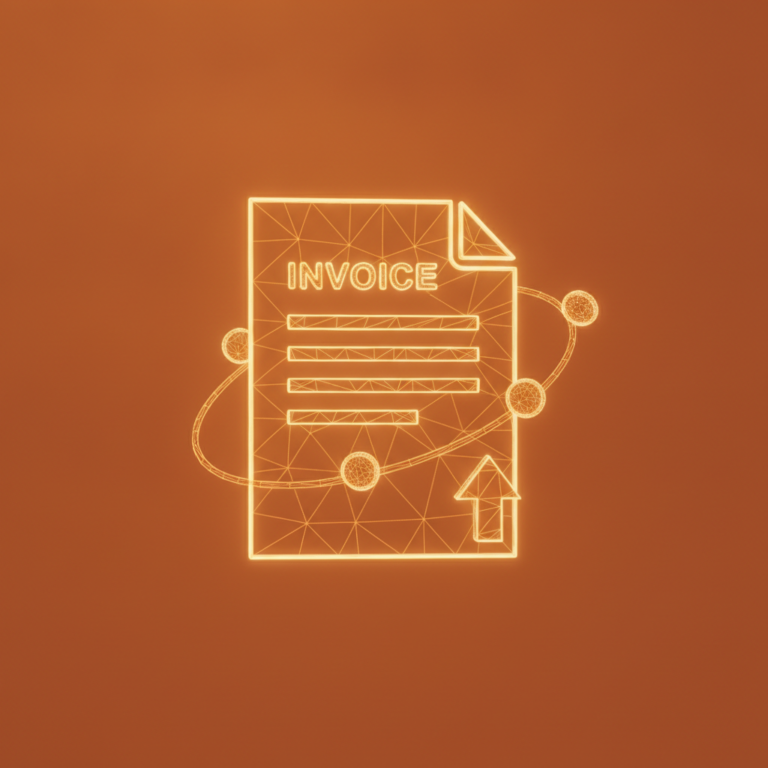 a stylized low-poly wireframe invoice-document silhouette with a small upward cash-flow arrow rising from its corner and