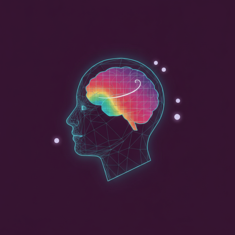 a stylized low-poly wireframe heatmap-grid silhouette with a small cursor-trail arc curving across its surface and a clu
