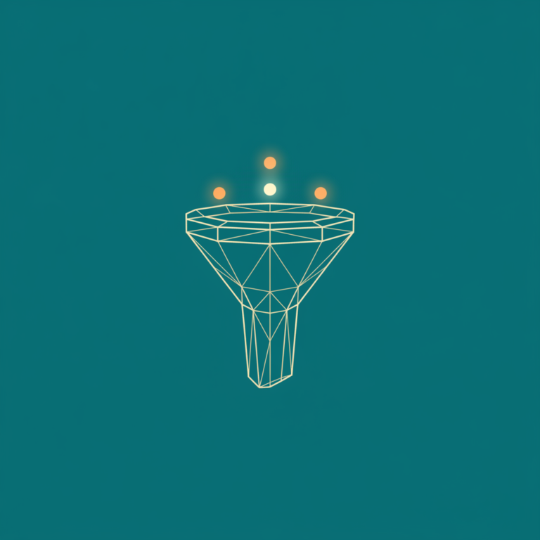 a stylized low-poly wireframe funnel silhouette with three small orbiting contact-node dots flowing into its mouth, sugg