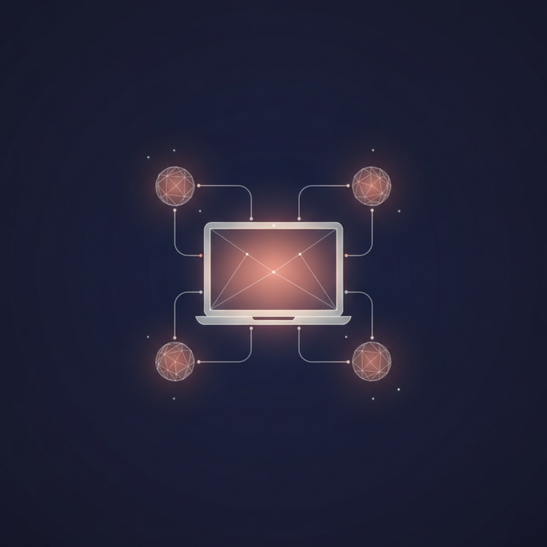 a stylized low-poly wireframe network of four small interconnected nodes arranged around a central laptop-screen silhoue
