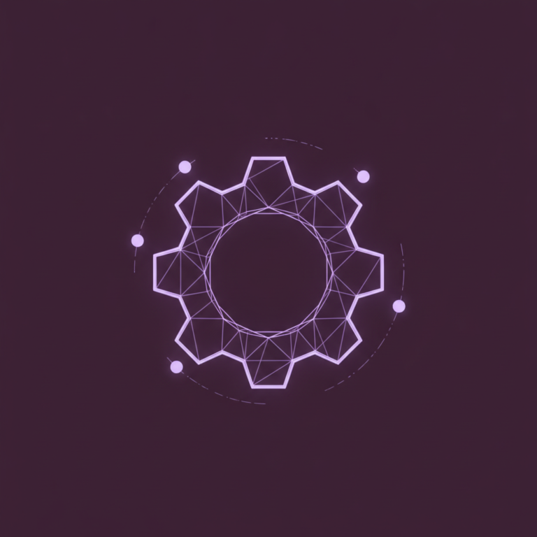 a stylized low-poly wireframe gear silhouette with three orbiting small nodes
