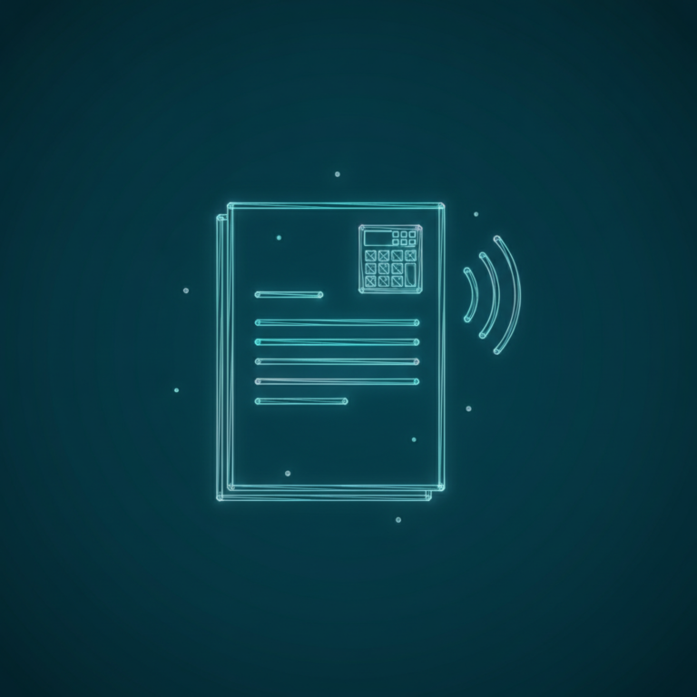 a stylized low-poly wireframe ledger-document silhouette with a small calculator-grid overlay in one corner and three ge