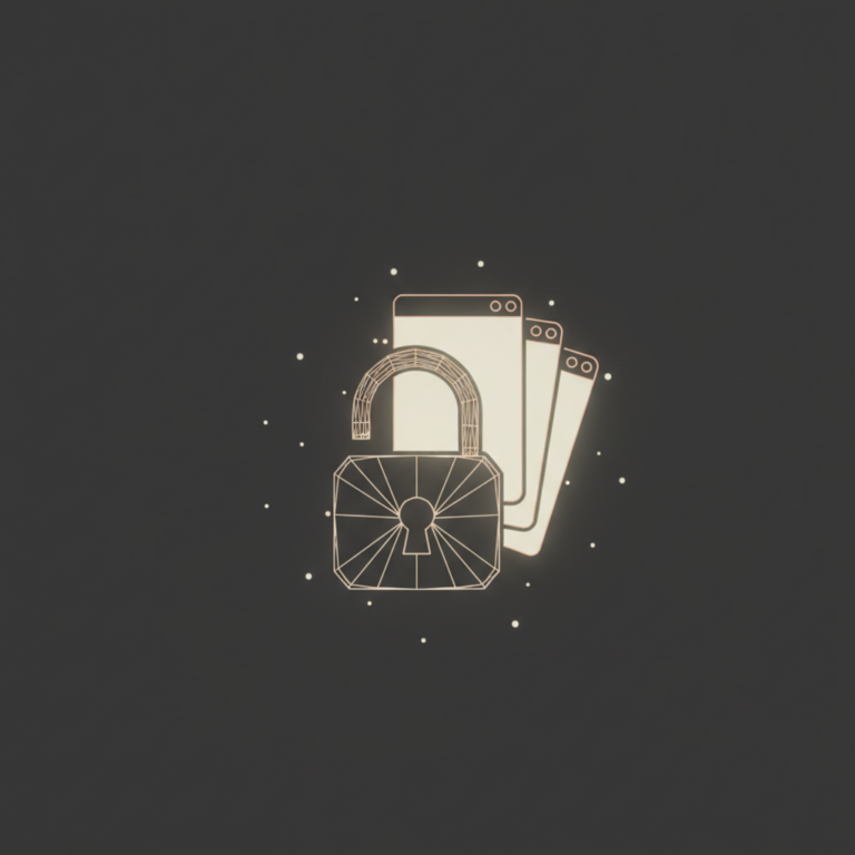 a stylized low-poly wireframe open padlock silhouette with its shackle swung free, merged with a small stack of three ov
