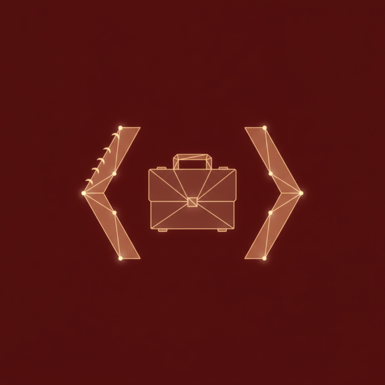 a stylized low-poly wireframe pair of mirrored angle-bracket shapes (an open code-bracket form) merged with a small brie